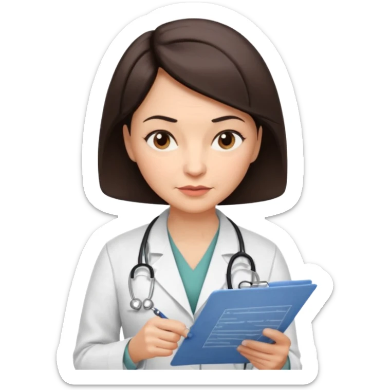 A female doctor in her 50s with visible facial wrinkles, dark brown short bob hair, her body turned slightly at an angle, with her gaze clearly directed downward and fixed on the medical chart she is reviewing. sticker