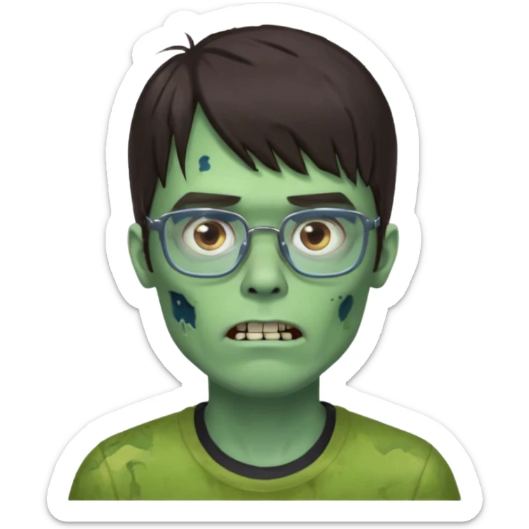 an emoji of a male green zombie with dark brown hair and female bangs that cover your entire forehead and extend to your eyebrows, wearing square, bluish glasses. sticker