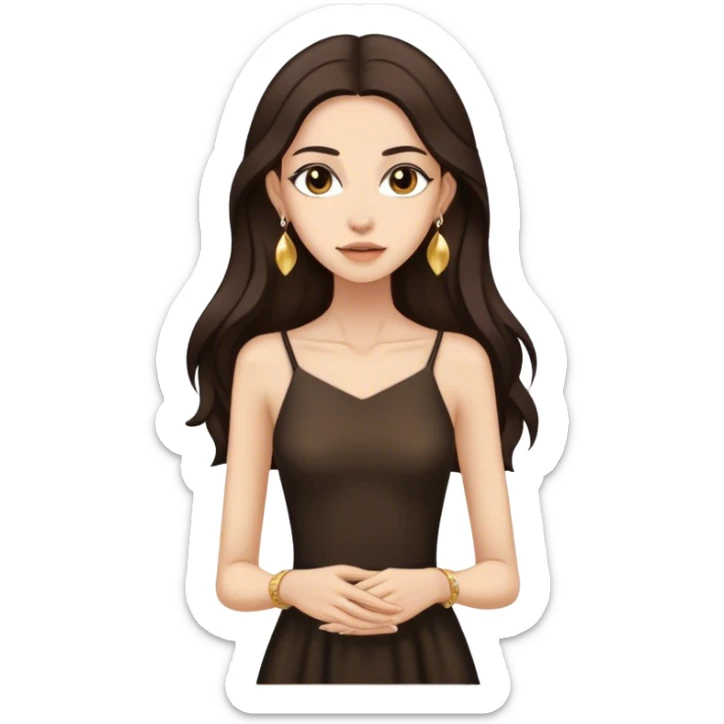 Beautiful skinny woman long dark brown hair in dark dress with gold earrings sticker
