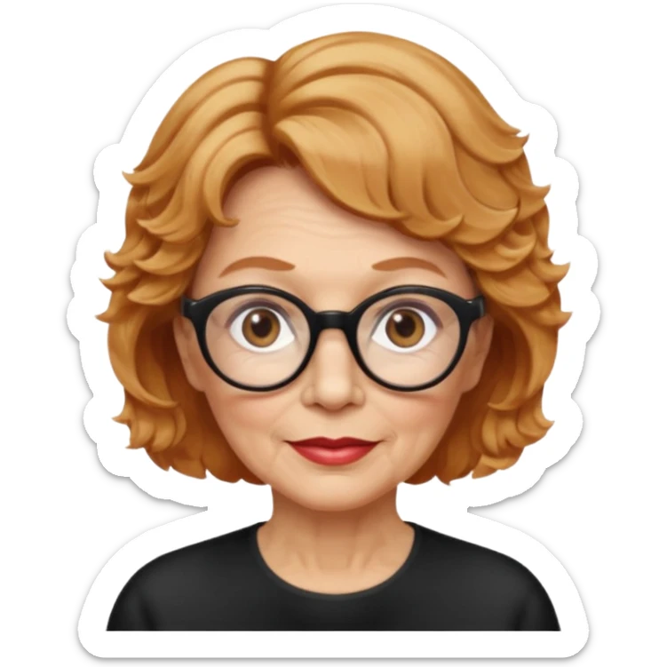 woman 70 years old, very short strawberry blonde weavy hair, brown eyes and round dark glasses sticker