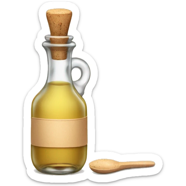 bottle of vinegar with the cork and a nozzle; spoon is laying neat the bottle sticker