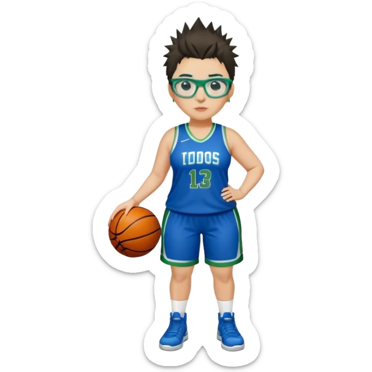 full body white plus size women basketball player with short spiky dark hair with added blond highlights wearing blue glasses wearing blue and green uniform sticker