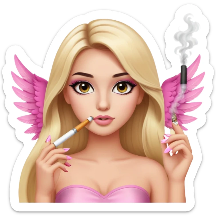 blonde long hair gorgeous girl with latina makeup holding a lit cigarette winged eyeliner big lashes light pink tube top sticker