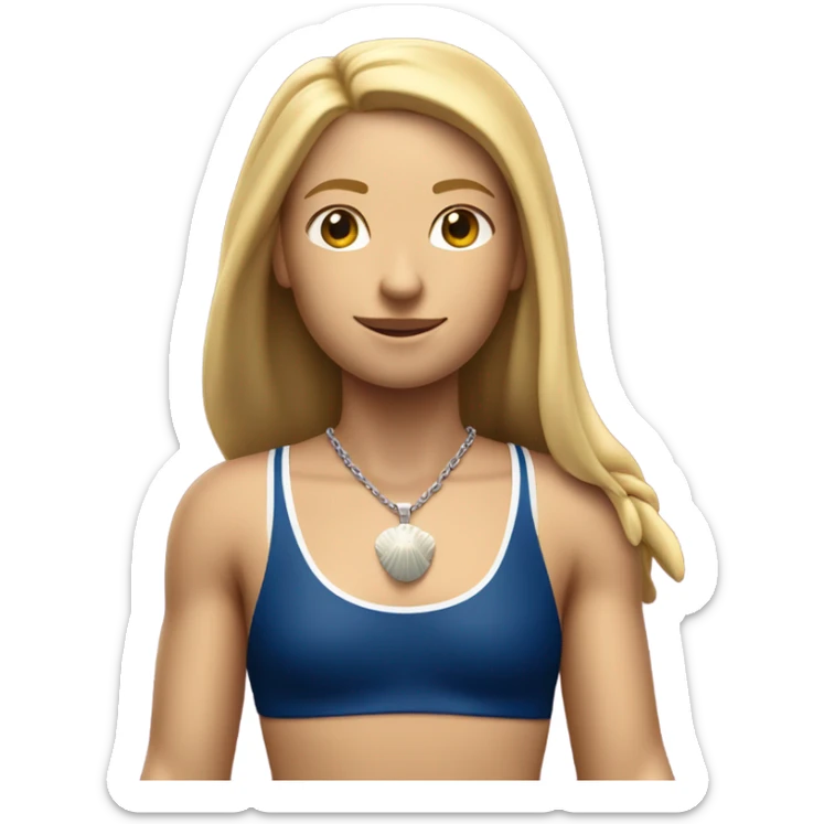 A girl with long blonde hair with wide shoulders wearing a Great Britain rowing swimming suit and has small muscles and add a necklace that has a sea shell pendant on it. She must have a  necklace around the neck and the pendant is on her chest sticker