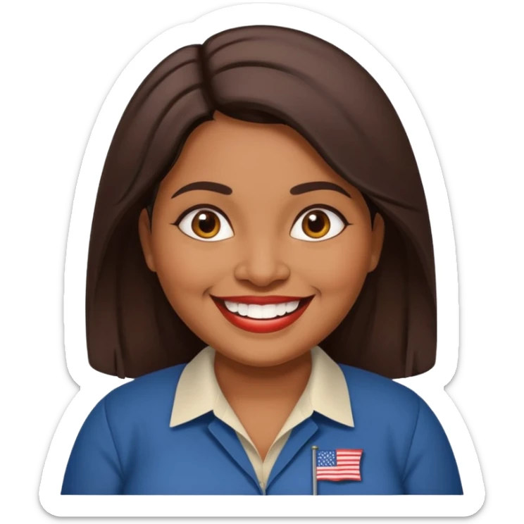 40 yr old chubby Sri Lankan woman, dark skin, straight brown hair, big smile, white teeth, american clothes sticker