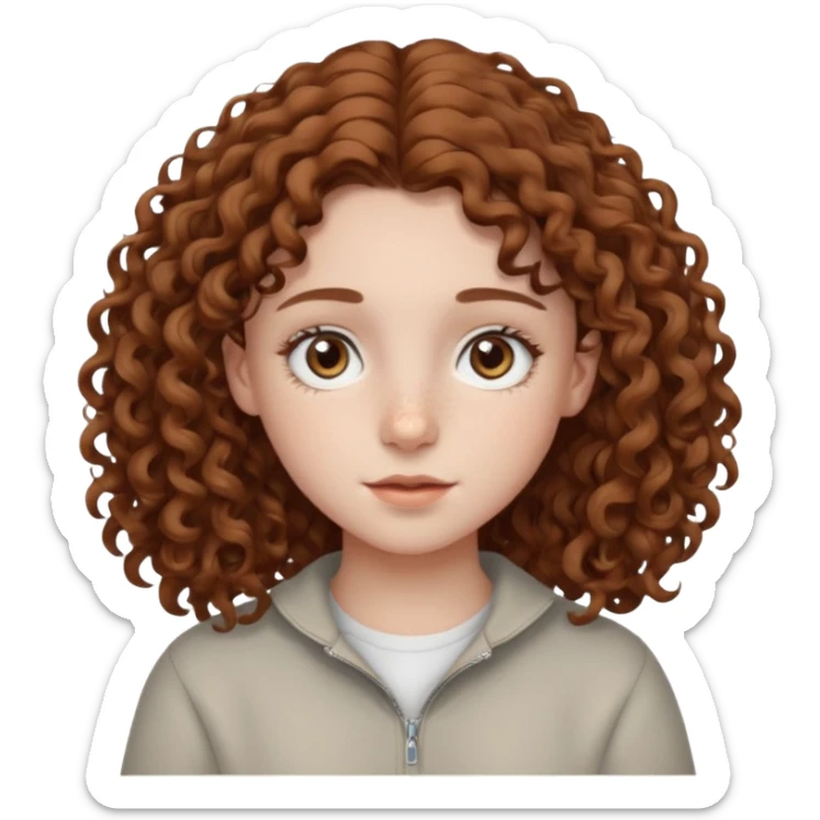pale teen girl with light grey eyes and brown freckles that has curly hair in a middle part sticker