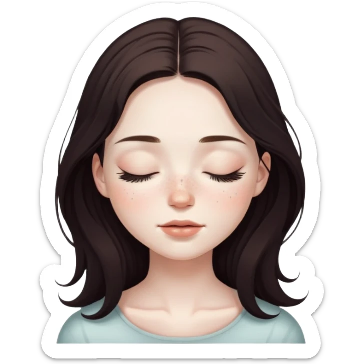 pretty girl with pale skin, freckles, with eyes closed, long lashes, dark brown long hair with closed eyes sticker