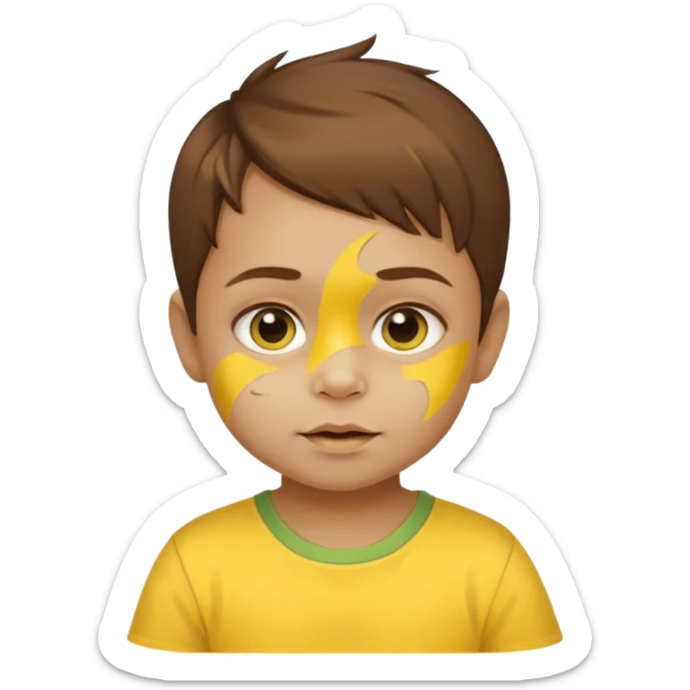 brown hair baby with yellow face paint and yellow shirt sticker