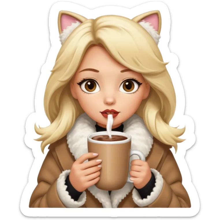 Tanned Girl with lashes , blonde hair, in an extremely big fluffy oversized coat and hold hot chocolate drink and big cat eyes, big lip sticker