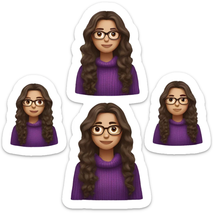 young girl, young hispanic, long brown hair, long curly brown hair, brown eyes, purple winter sweater, glasses sticker