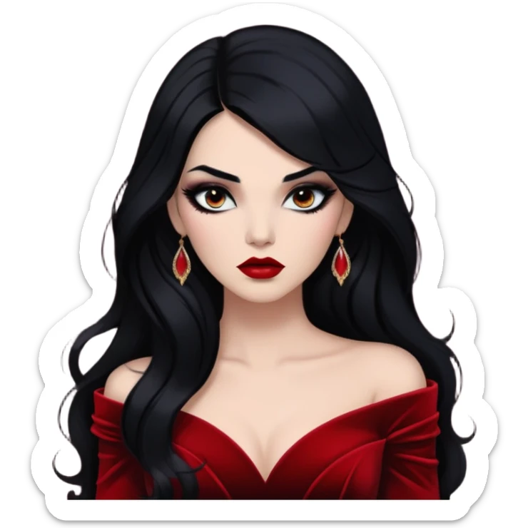 A half-body portrait of a woman with long, jet-black hair and a smoky eye makeup look. She's wearing a dramatic red velvet gown, her lips darkly painted, with a moody, dimly lit background that adds to her mysterious aura sticker