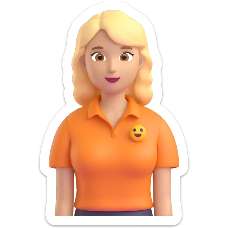 standing woman, blond hair, full body, wearing a pale orange shirt, emoji style sticker