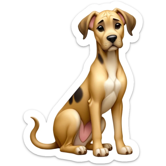 cinematic-[fawn great dane]-realistic-full-body-sitting-emoji,-tail-resting-loosely-beside-its-paws,-head-tilted-dramatically,-sleek-[fawn]-fur,-simplified-yet-realistic-focused-features,-highly-detailed,-glowing-with-an-almost-sarcastic-glow sticker