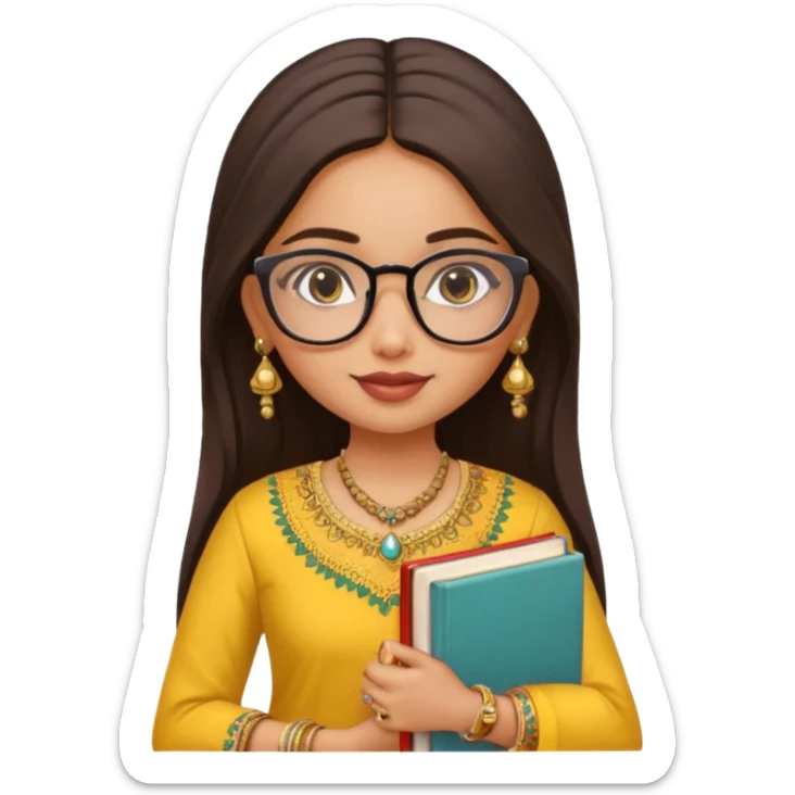 a pretty bratz fair indian girl wearing spectacles, jhumkas, kurti yellow, carrying books sticker