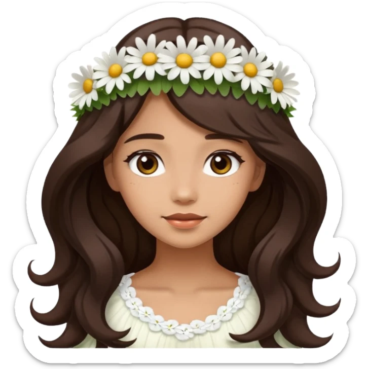 ["Medium skin tone female, long dark-brown hair with gentle waves, wearing a white daisy floral crown."] sticker