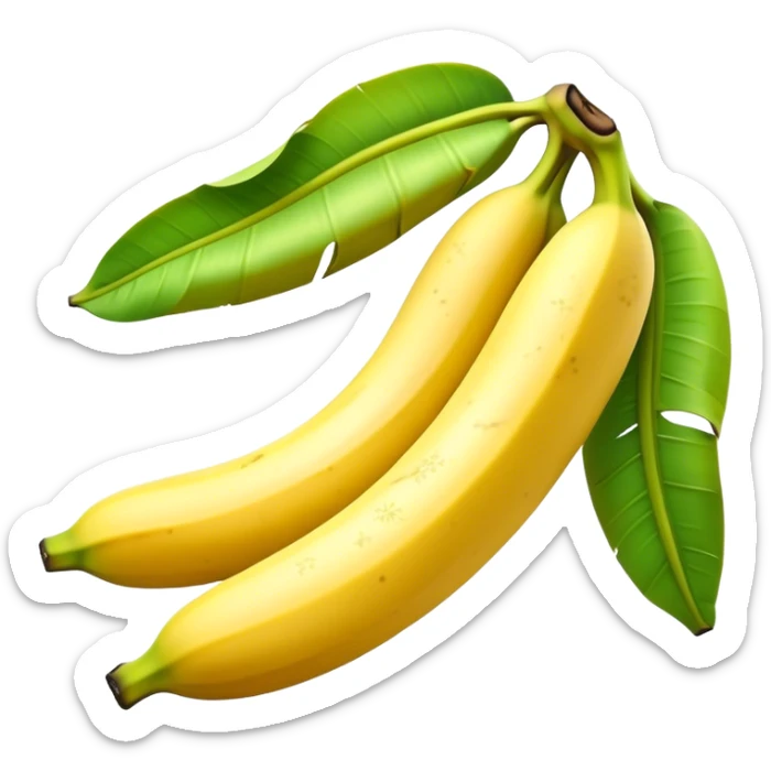 Cinematic Realistic Banana Emoji, Bright and cheerful, with a smooth, yellow peel slightly speckled with spots, revealing a soft, sweet interior. The banana is curved elegantly, standing out against the soft green leaves. Soft glowing outline, capturing the essence of tropical sweetness and energy in a ripe banana. sticker