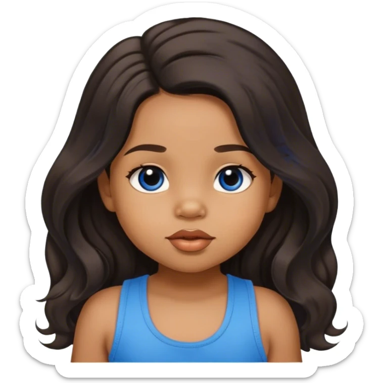 light brown skin tone, very adorable toddler, with big plump lips, long long lashes, black long wavy hair, middle hair parting, brown eyes, blue tank top sticker