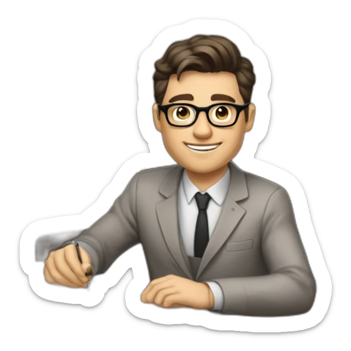 Pale skinned Fit Man With dark brown hair in gray jacket, beige office shirt and vintage glasses sitting In a soft chair with a notebook with emblem Ψ and a pen in his hands sticker