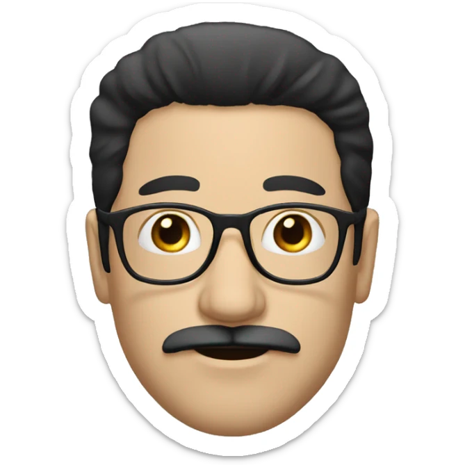 a white man, with straight black hair till the neck, a black mustache and glasses sticker