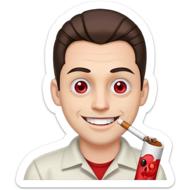 A white man with dark brown hair in a ponytail, oversized bloodshot eyes, grinning, smoking a long spliff  sticker