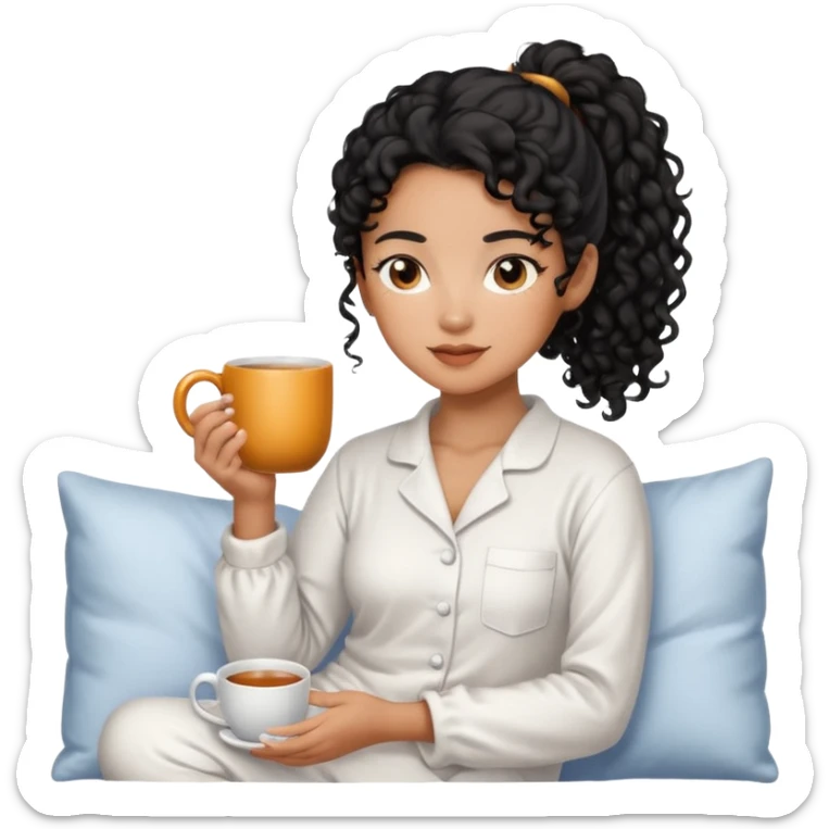 Mixed-race woman with caramel skin, black curly hair in a ponytail, wearing white pajamas, holding a steaming mug of tea sticker