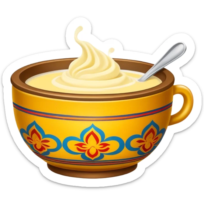 Tibetan butter tea in traditional bowl, simplified emoji style with bold outlines and bright colors, cartoon style creamy yak butter drink sticker