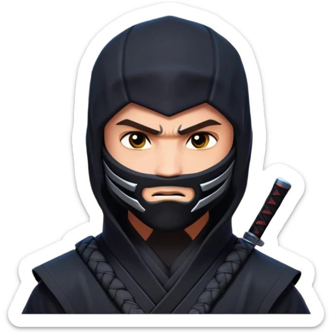 clash-of-clans-aesthetic_-cinematic-mysterious-male-ninja-portrait-emoji, rendered in a flat, vector-style with minimal shading and bold, simplified shapes, with a head slightly turned revealing intense, focused eyes. Next to him is an agile trained panther tiger with glossy fur moving silently through shadowed urban rooftops and moonlit alleyways. sticker
