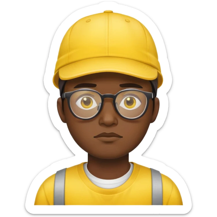 "- Nam
- 30 tuổi
- Da đen
- Đội mũ lưỡi trai vàng
- Đeo kính
- Mặt buồn
" sticker