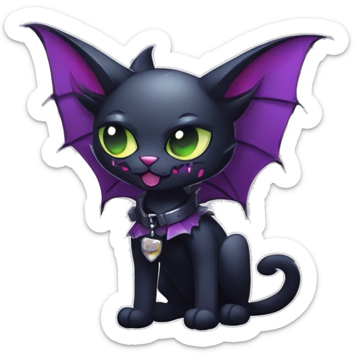  cool edgy kawaii ethereal dark-punk-themed animal vampiric cat-hybrid Fakemon with fangs and bat-wing-ears with a collar full body sticker