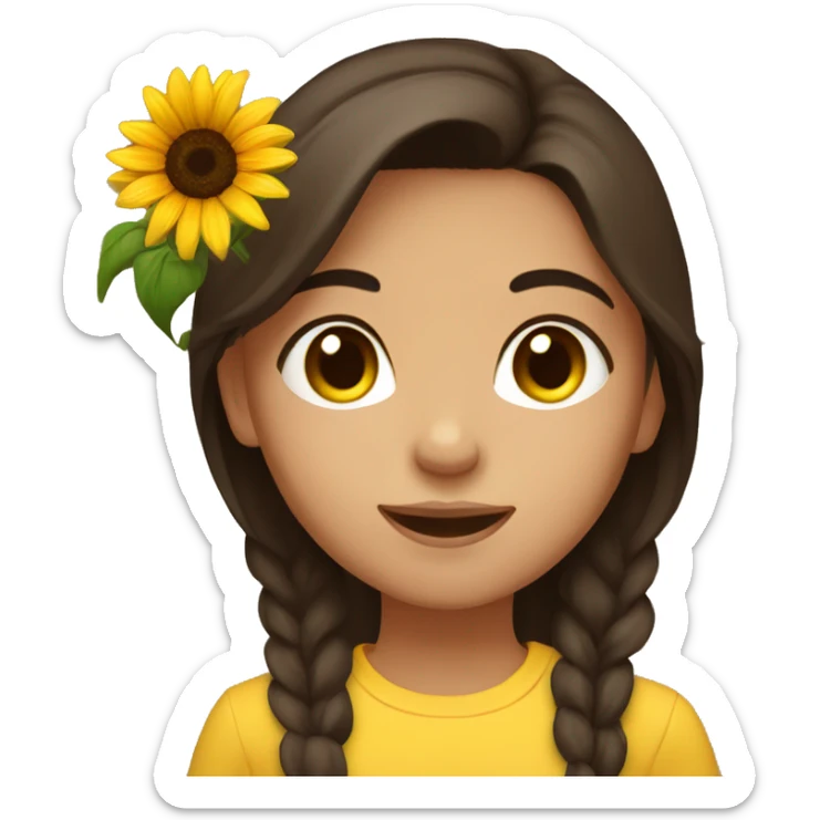 Dark brown hair, brown eyed girl holding sunflower sticker