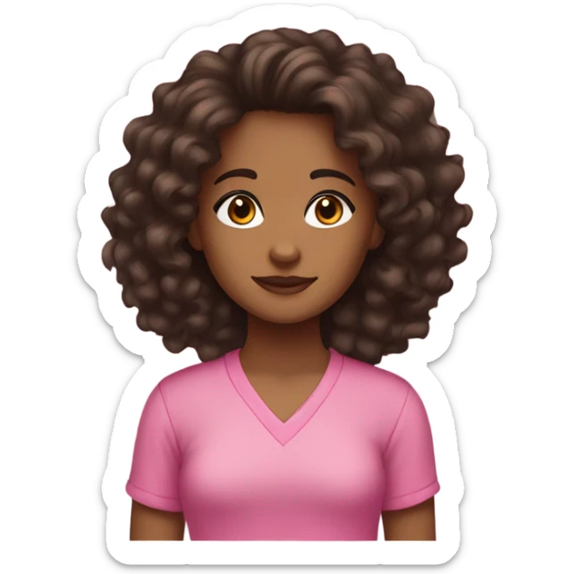 A brown girl with dark brown curly long hair and brown eyes and pink shirt sticker