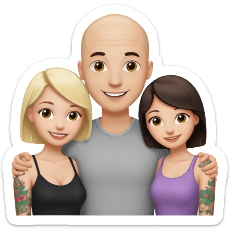 throuple tatted bald boyfriend with blonde girl friend and brunette girlfriend sticker