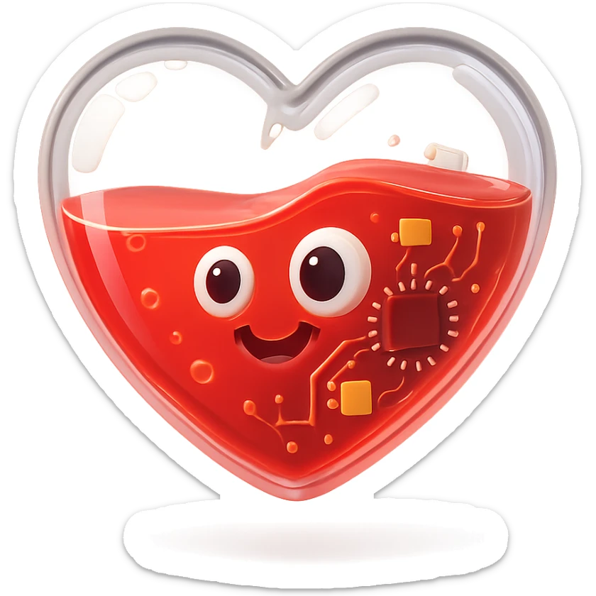 fun cartoon heart, transparent with a glossy finish, half filled with vivid red liquid, outlined sticker