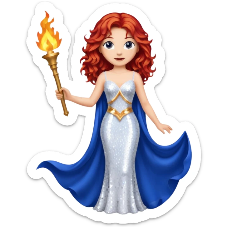Torch Lady from Film Studios with red wavy hair, white sequin gown, royal blue sequin drape, holding torch sticker