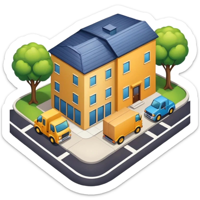 top view of a truck, package, house, and company building side by side, connected by street lines, clear background, apple emoji style sticker