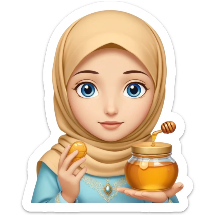 Turkish beautiful finish Konya girl blue eyes with honey pastel hijab islamic dress and had on her hand honey sticker