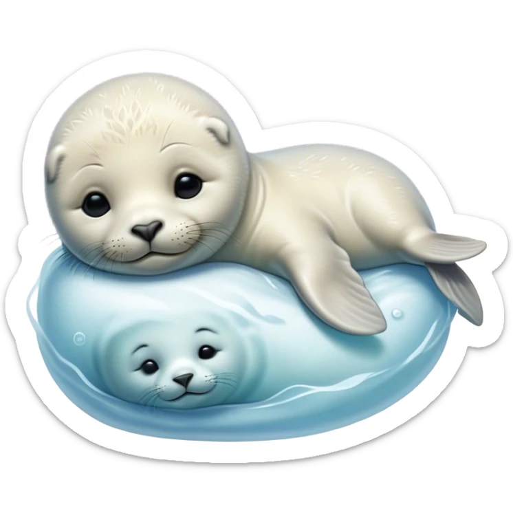 Beautiful and Majestic Baby Seal Portrait Emoji, Head and body resting serenely with a gentle, content smile, showcasing a soft, cuddly form with tender, glistening fur and eyes peacefully closed in a tranquil slumber, Simplified yet exquisitely endearing features, highly detailed, glowing with a soft, radiant polar light, high shine, serene and utterly lovable, stylized with an air of regal innocence, soft glowing outline, capturing the essence of a beautiful and majestic baby seal that embodies the quiet wonder of arctic serenity! sticker