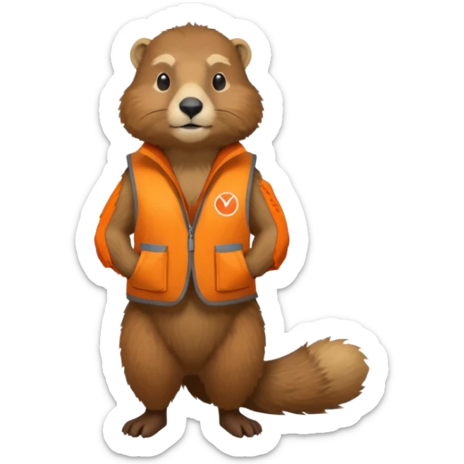 crea una marmota de cuerpo completo, que lleve un chaleco color naranja y que en el chaleco lleve el nombre (telamon) sticker