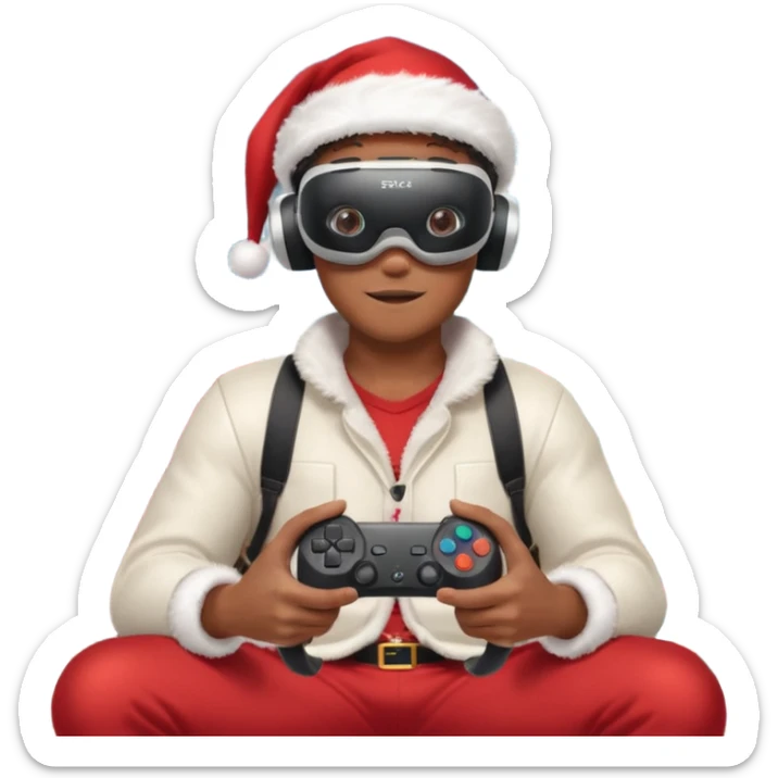 Homme photographe noir, week-end détente, équipé d’un appareil photo pro. Dans un décor Noël chaleureux, Père Noël à côté, sapin illuminé, lumières douces. L’homme porte un casque VR autour du cou ou sur la tête, et une manette PS 2025 dans la main libre. Ambiance festive, réaliste, couleurs nettes sticker