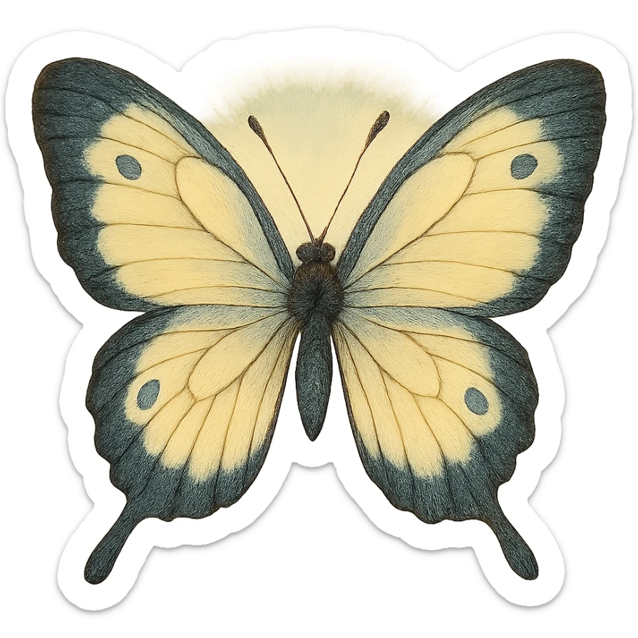 realistic whimsical black, blue and cream butterfly, natural colors, soft, fairy-like atmosphere, no background, square size sticker