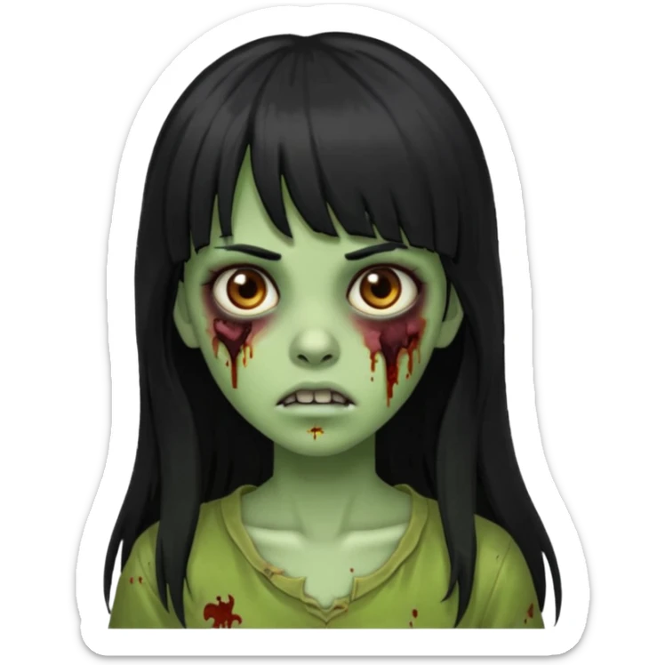 Zombie emoji girl, skin green, black long hair with bangs black, brown eyes  sticker