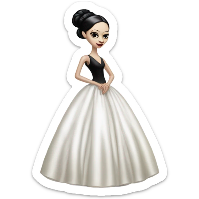 Tall realistic thin Morticia Addams as Princess Leia in ruffled white-pearl ballet ball gown  sticker