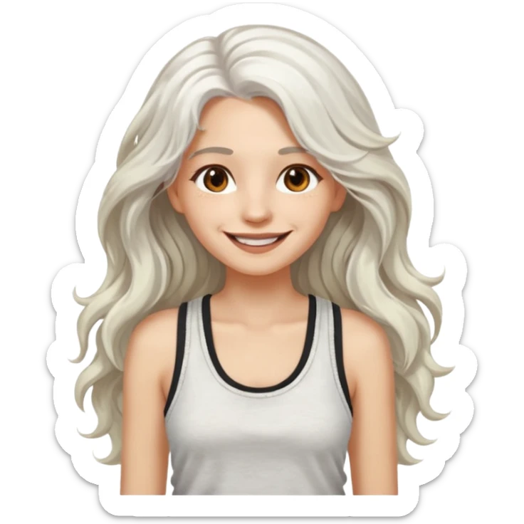 woman with wavy long white hair and brown eyes. smiling in a grunge tanktop. pale skin. sticker