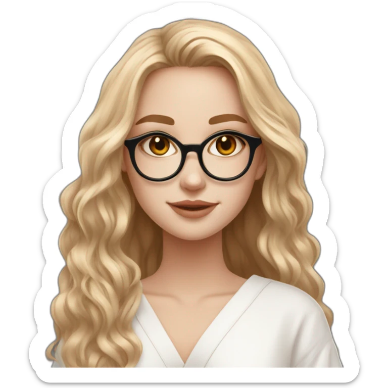 Beautiful white skin teenage girl very long wavy flax colored hair amber eyes rose gold round glasses white shirt black robe sticker