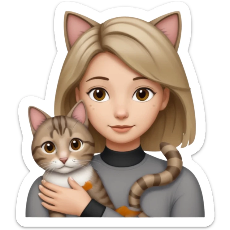 Une femme avec les cheveux dégradée, brun et blond, qui fait un câlin à son chat qui est gris, tigré avec les extrémités oreille patte et queue noir  sticker