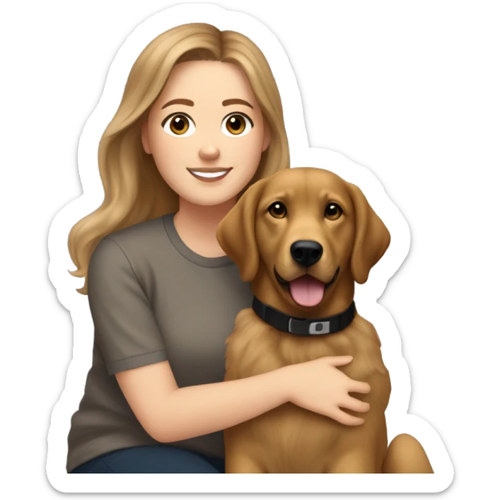 32 year old white woman with brown hair and balayage, wearing a light brown crew neck and matching sweatpants, who loves hockey and is sitting next to her golden retriever black lab mix sticker