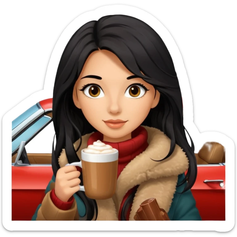 Tanned Girl with lashes , bright black long hair, in an extremely big fluffy brown mustang, and drinking hot chocolate drink sticker