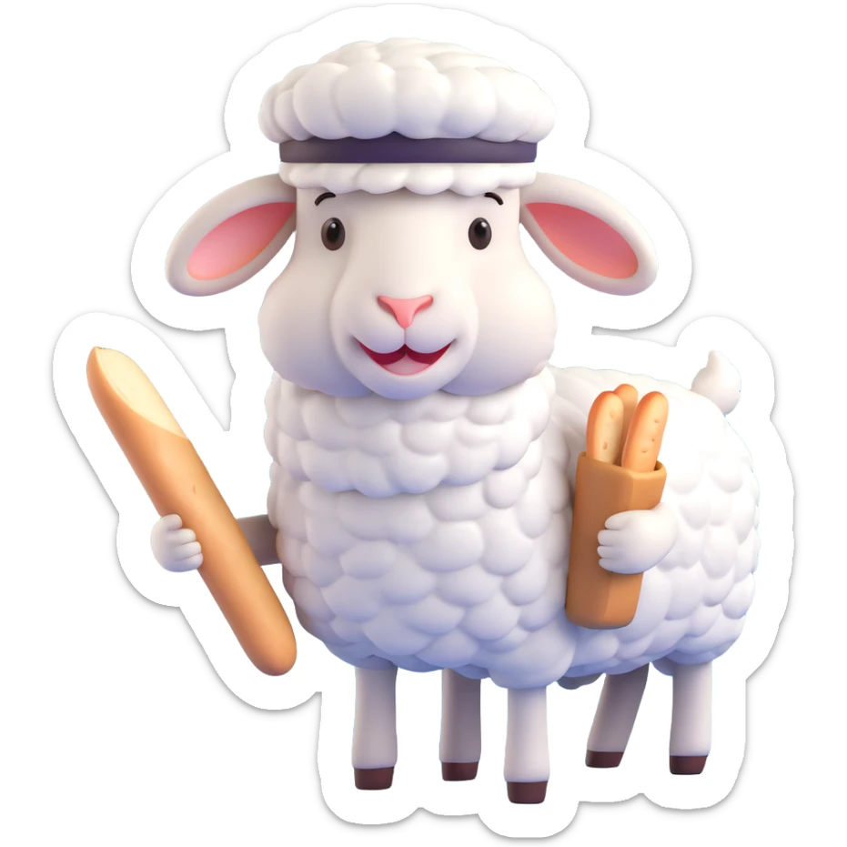 a sheep from France wearing a beret and holding a baguette, 3D emoji style sticker