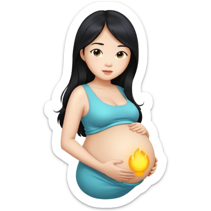 Beautiful Asian girl with long black hair, pregnant belly sticker