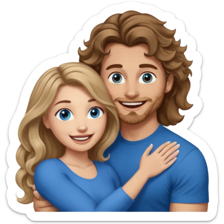 Women with blue eyes and very long, brown blond balayage curled hair in the arms of a man with strong arms a straight face, a very sexy man blue eyes. They are laughing at each other. He has short brown hair and is light skinned  sticker